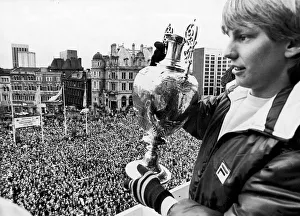 Homecoming Prints: Aston Villa footballer Gary Shaw shows of the the league Championship trophy to