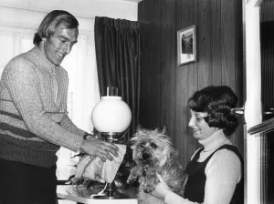 Young Couple Prints: Aston Villa footballer Ray Graydon at home with his wife Sue and their pet dog cindy
