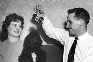 00325 Prints: Aston Villa footballer Vic Crowe at home with his wife Barbara