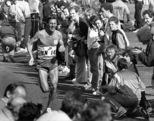 Athlete Dave Moorcroft in action during the Patton Park road race. 14th April 1989