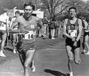 Running Prints: Athlete Dave Moorcroft in action during the Patton Park road race. 14th April 1989