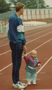 Track Prints: Athlete Steve Cram Steve Cram with his daughter Josie pictured on the running