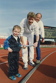 Athlete Steve Cram Steve Cram hands over to Craig Bone as Roger McKechnie