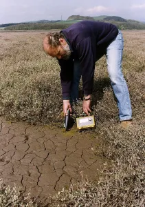 Atoms Geiger Counter measuring radioactivity in soil around Sellafield