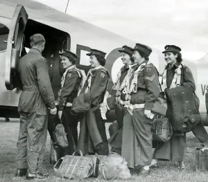 ATS Girls of the Castle bromwich detachmentof 845 control leave by air to an