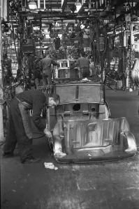 01190 Prints: Austin Mini body panels are assembled prior to welding and being placed on the production