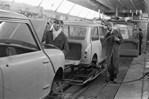 Production Line Prints: Austin Mini body shells are spray painted in the paint shop on production line