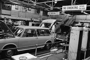 The Austin Mini car assembly line night shift at Longbridge, Birmingham, West Midlands
