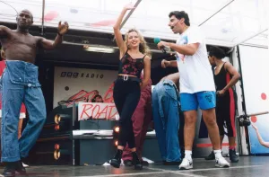 Australian pop singer Kylie Minogue performing on stage at the BBC Radio One Roadshow