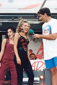 Australian pop singer Kylie Minogue performing on stage at the BBC Radio One Roadshow