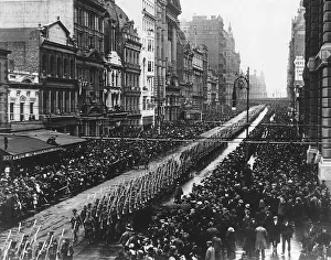 Australian troops marching through Melbourne prior to embarking for France