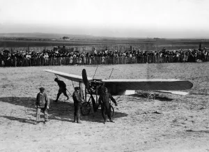 Early Prints: Avaitor Alfred Leblanc beside the Bleriot XI monoplane belonging to French aviator Louis