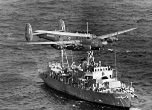 An Avro Shackleton maritime patrol aircraft of the Royal Air Force zooms low over a