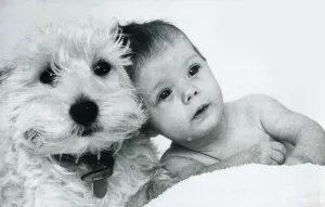 00146 Prints: Baby Lucinda with her three year old West Highland terrier Haggis January 1976