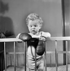 00011 Prints: Baby wearing boxing gloves. October 1952 C5091-001
