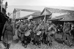 Balkans War November 1912 Serbian troops walking through Uskub