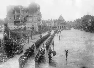 Band and Guard of Honour in main street of Peronne 1917 for French Presidents visit