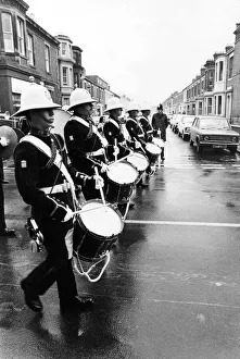 00085 Prints: The band of the Royal Marines leading the parade through a deluge to Blyth Market Square