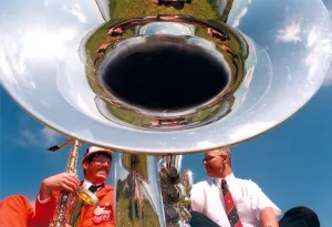 00119 Prints: Bandsman Einar Torsvik from Norway chats with Keith Miller who plays for Pegswood Brass