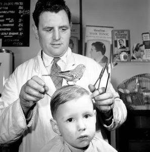 Barber Shop Humour: Mr. Jim Reid with Billy the Budgie seen here at the barber shop