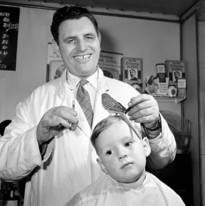 00065 Prints: Barber Shop Humour: Mr. Jim Reid with Billy the Budgie seen here at the barber shop