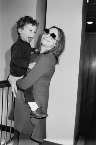 Barbra Streisand leaving Heathrow Airport for New York with her son Jason, aged 2