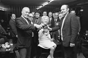 Food And Drink Prints: Barmaid retires in Billingham, enjoying a celebration drink with customers, 1973