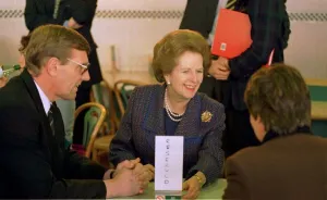 Baroness Thatcher talks to shoppers in the restaurant on a visit to a Stirling Safeway