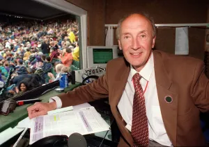 Barry Davies BBC sports commentator in the commentry box at Centre Court Wimbledon