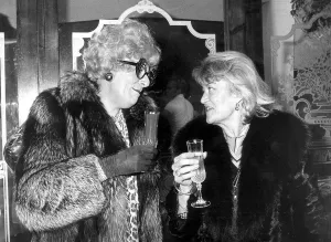 Barry Humphries as Dame Edna Everage with Jean Rook at Selfridges