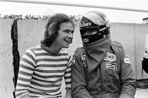 Practice Prints: Barry Sheene and James Hunt at a practice day for the British Grand Prix held at Brands