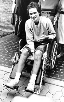 Barry Sheene motorcycle race rider August 1982 leaving Three Shires Hospital in