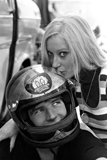 Barry Sheene at TT races in Isle of Man with girlfriend Lesley Shepherd. June 1971