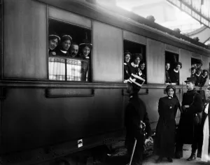 A batch of English nurses seen here leaving Brussels for the front to tend to the wounded
