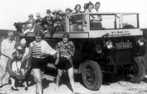 Coaches Prints: Bathing belles showing off their new swimsuits on this charabanc outing to Weston Super