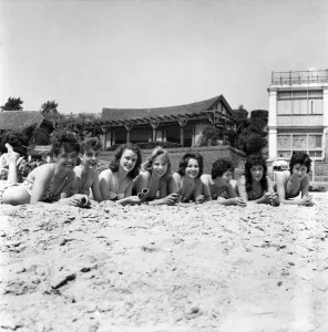Bathing Girl: Glamour on the Clacton Beach: L. to R. Maureen Kenn, 21