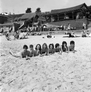 Bathing Girl: Glamour on the Clacton Beach: L. to R. Maureen Kenn, 21