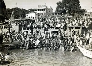 India Prints: Bathing in the River Ganges, Benares, India (Benares now known as Varanasi