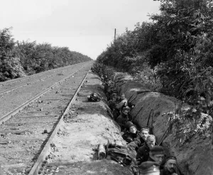 Trench Prints: Battle of Hofstade. Belgian soldiers shelter in a trench beside a railway line