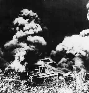 Asia Prints: The Battle of Yenangyaung. Night picture of oil equipment blazing at the Yenangyaung