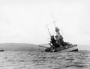 The battleship SMS Bayern of the German Imperial Fleet seen here sinking by the stern
