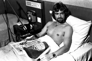 BBC Radio One DJ Noel Edmonds doing his breakfast radio show from his bed at the Centre