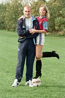 Images Dated 23rd October 1995: BBC Radio WM presenter Julie Mayer in an Aston Villa kit with Villa midfielder Mark