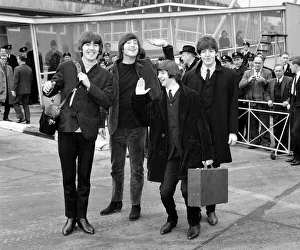 Group Shot Prints: The Beatles leave London Airport bound for the Bahamas to commence filming on their