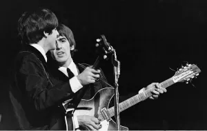 Beatles members Paul McCartney and George Harrison in concert on the second night of