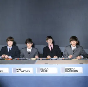 Beatles Colour Prints: The Beatles pop group appear on the television programme Juke Box Jury in Liverpool