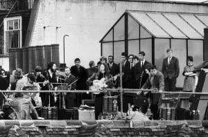 Hofner Prints: Beatles on the rooftop of their Apple headquarters in Londons Saville Row making a short