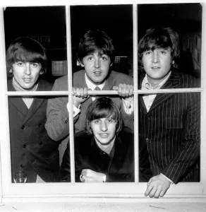 Group Shot Prints: The Beatles seen here in June 1964 at Twickenham Studios to view a rough cut of Help