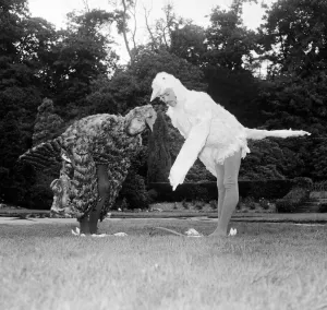 Bee Gee brothers Barry & Maurice Gibb dress up as birds for a scene in their upcoming tv