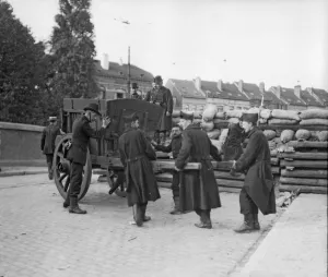 Barricade Prints: Belgian Civil Guards seen here building a barricade across one of the roads leading into